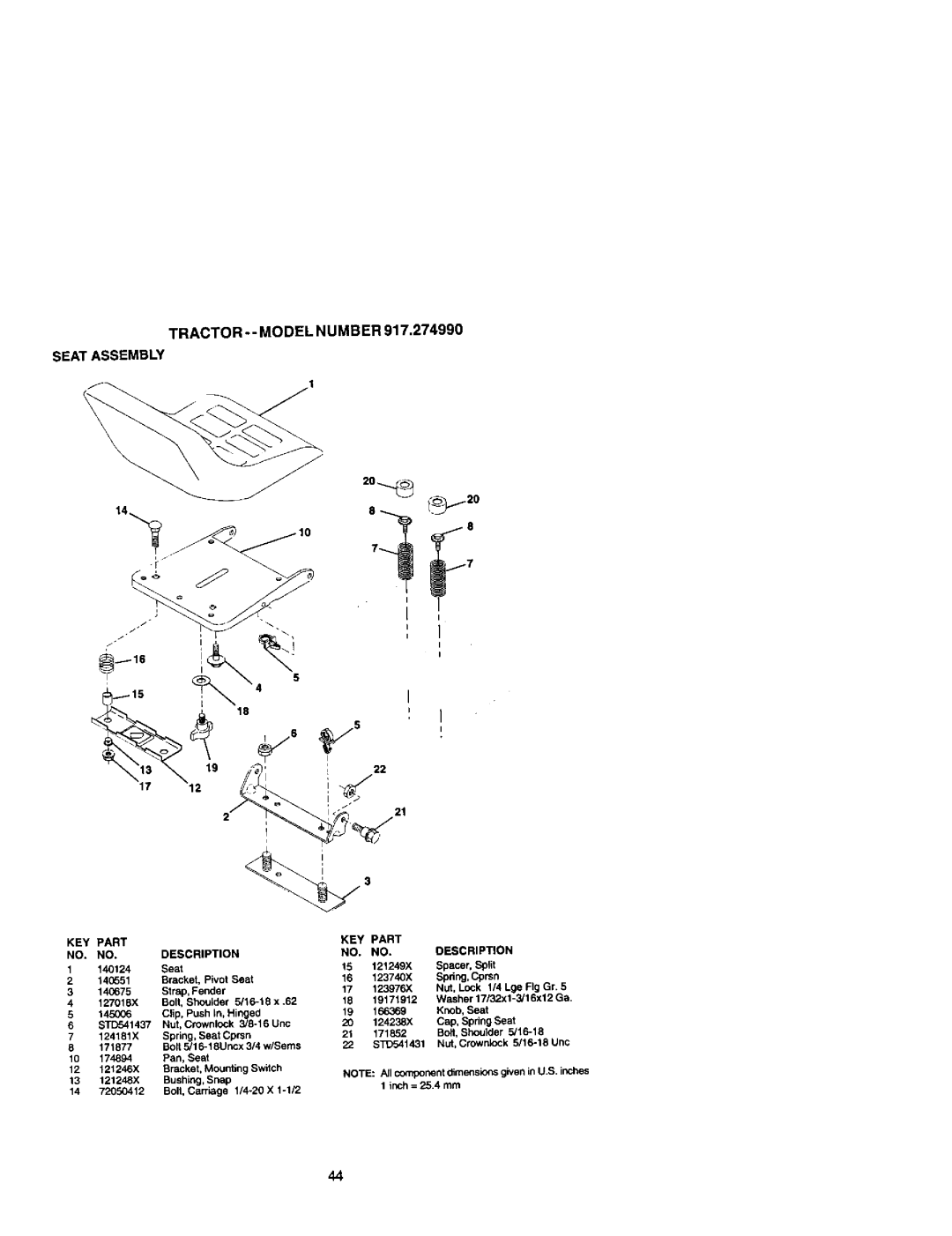 Craftsman 917.27499 manual TRACTOR- Model Numb ER Seat Assembly, KEY Part NO. NO.DESCRIPTION 