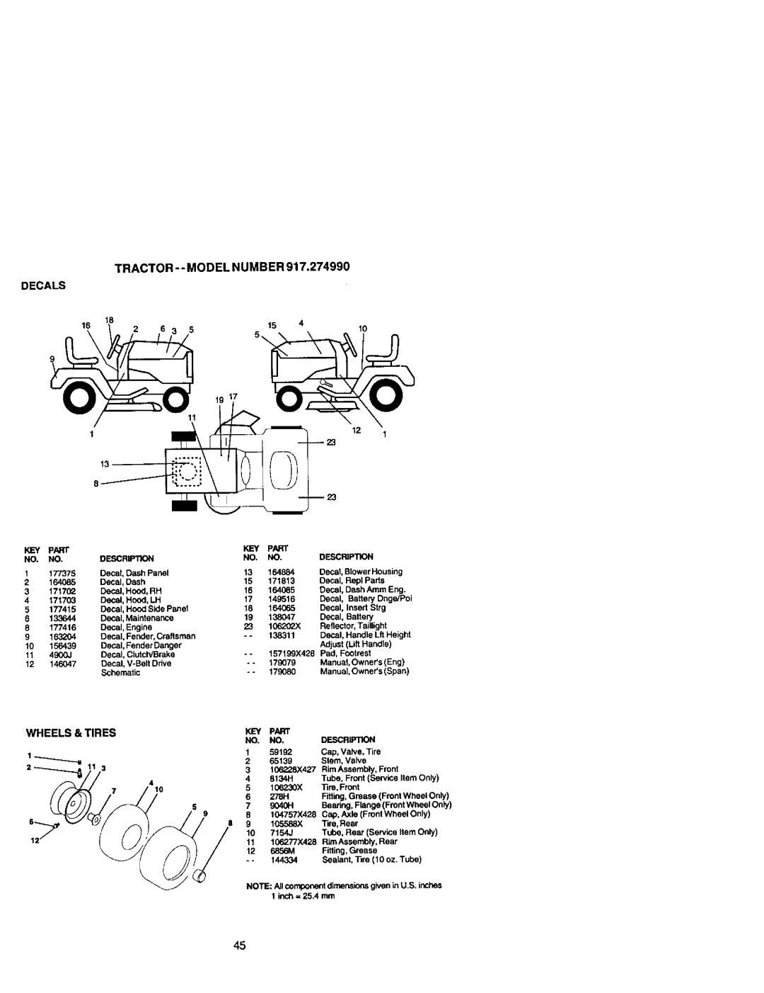 Craftsman 917.27499 manual TRACTOR-- Model Number, Decals, Wheels & Tires, IEY Part Description 