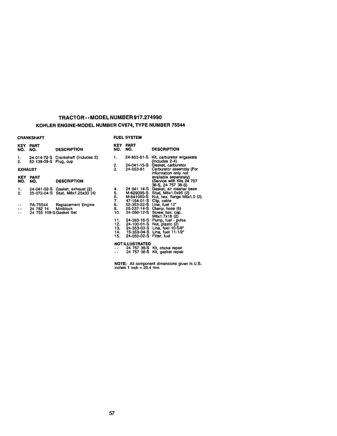 Craftsman 917.27499 manual TRACTOR- Model Number, Fuel System KEY Part NO. no 