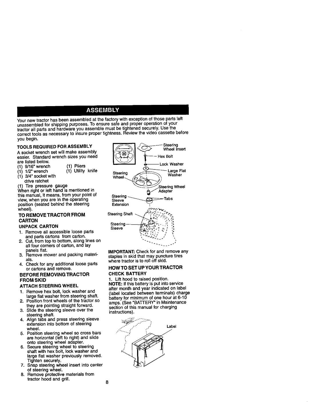 Craftsman 917.27499 Tools Required for Assembly, To Remove Tractor from Carton Unpack Carton, HOW to SET UP Your Tractor 