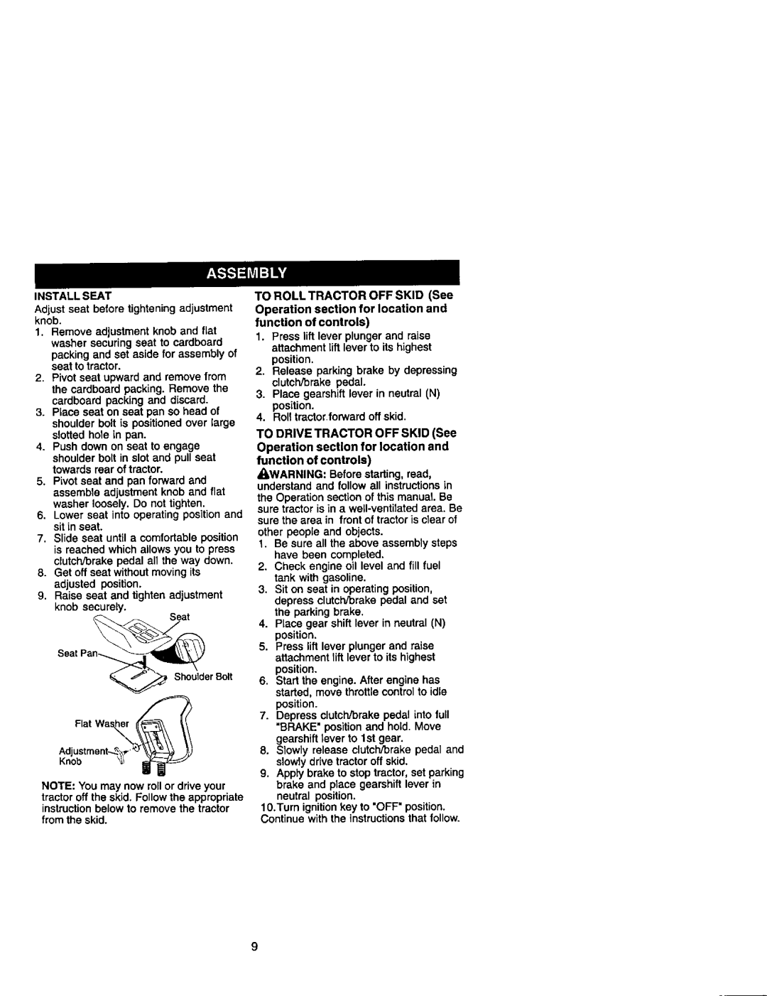 Craftsman 917.27499 manual Install Seat, Adjust seat before tightening adjustment knob 