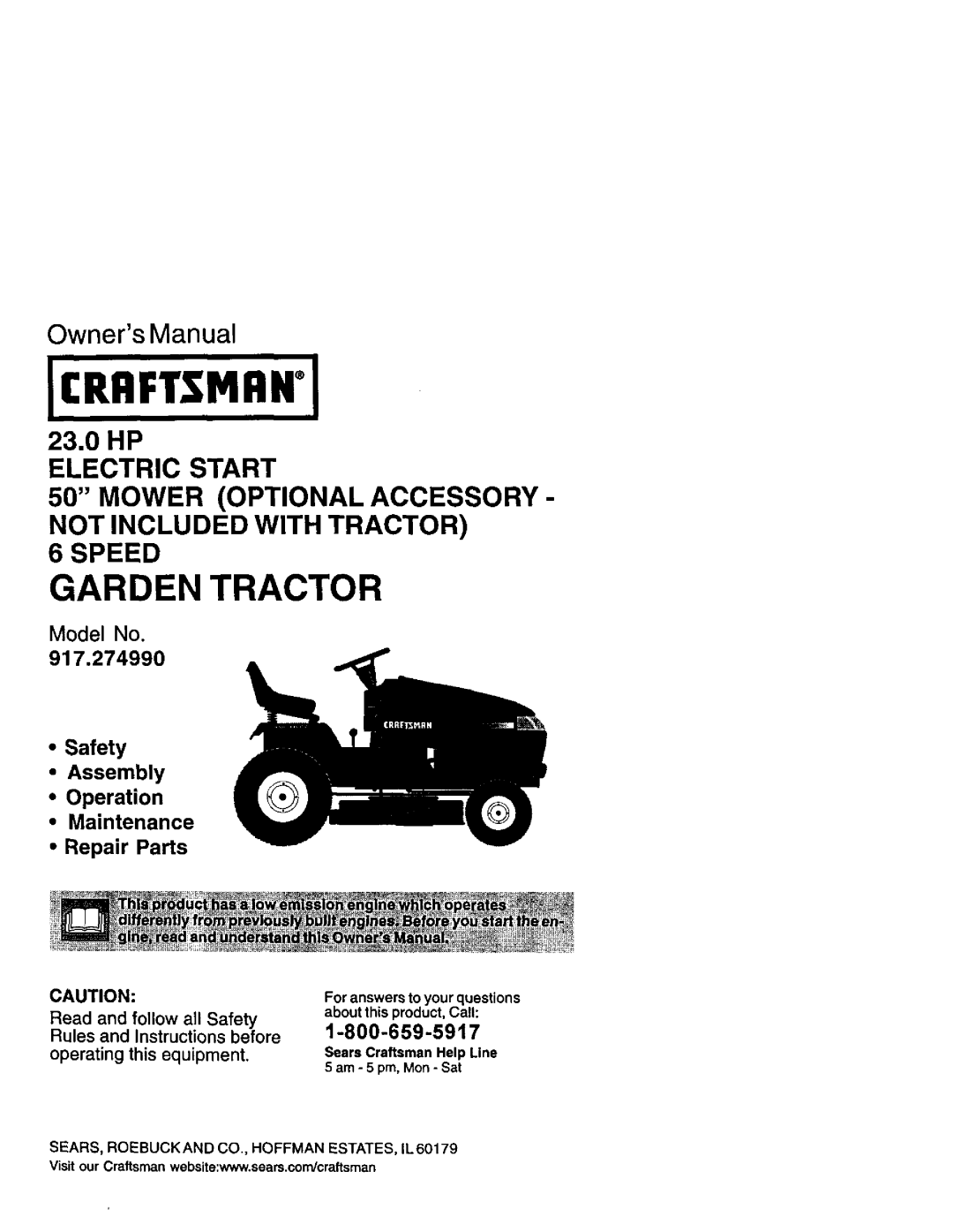 Craftsman 917.27499 manual OwnersManual, Model No, Safety Assembly Operation, Maintenance Repair Parts, Icraftsmawi 
