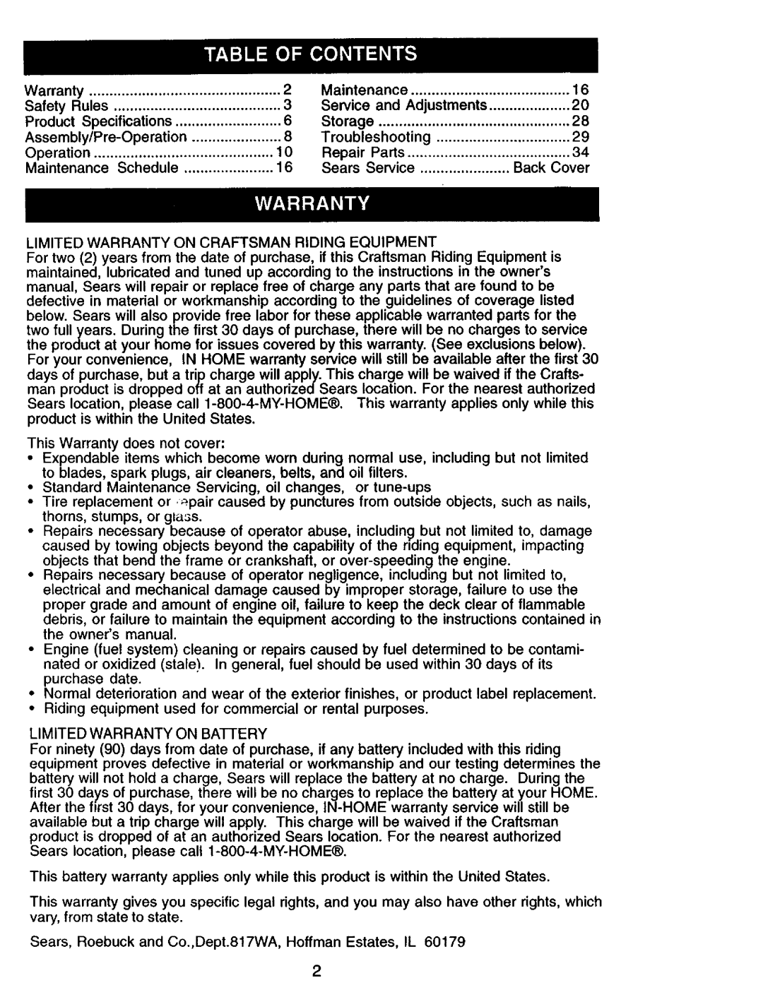 Craftsman 917.275013 owner manual Limited Warranty on Craftsman Riding Equipment, Limited Warranty on Battery 