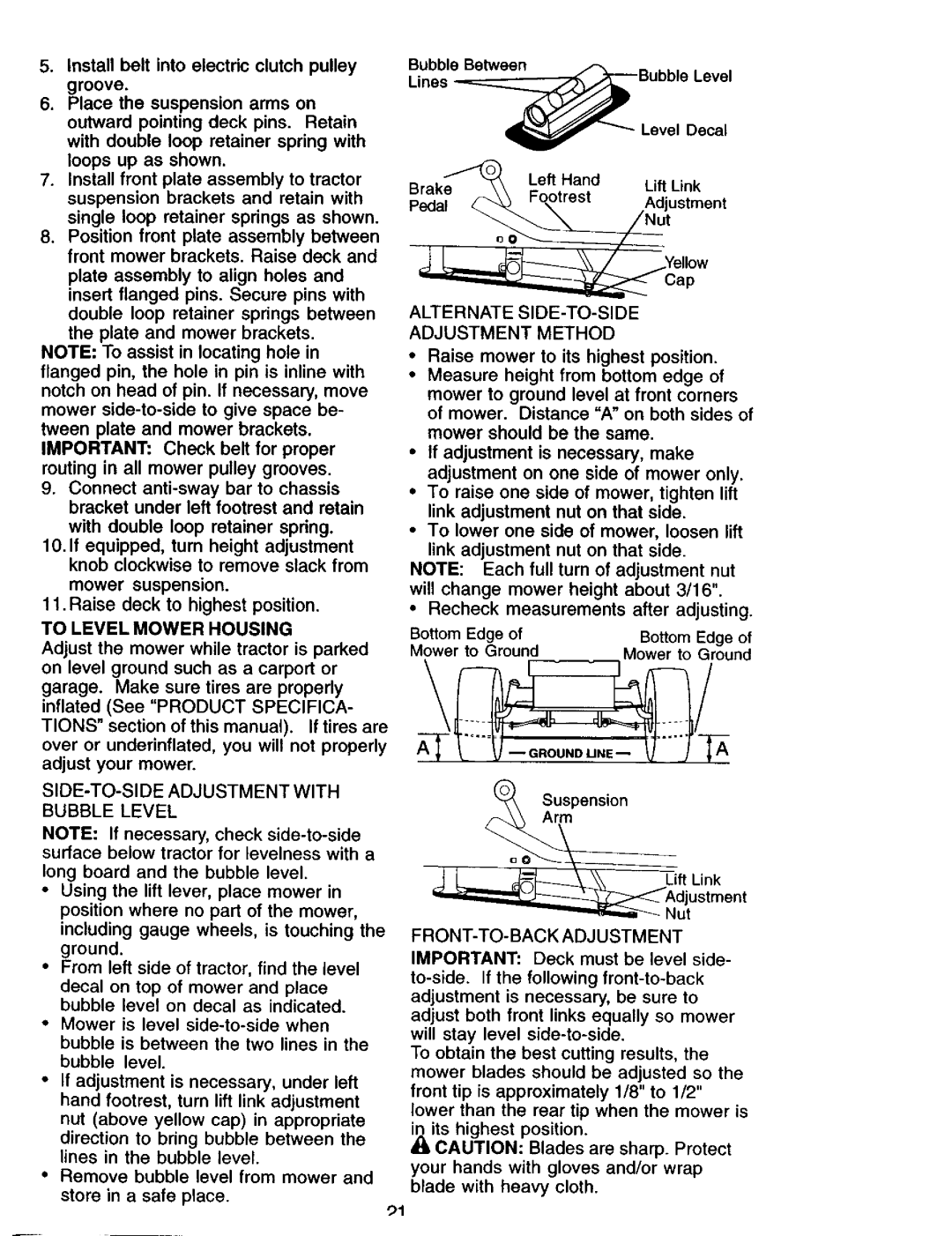 Craftsman 917.275013 To Level Mower Housing, SIDE-TO-SIDE Adjustment with Bubble Level, FRONT-TO-BACK Adjustment 