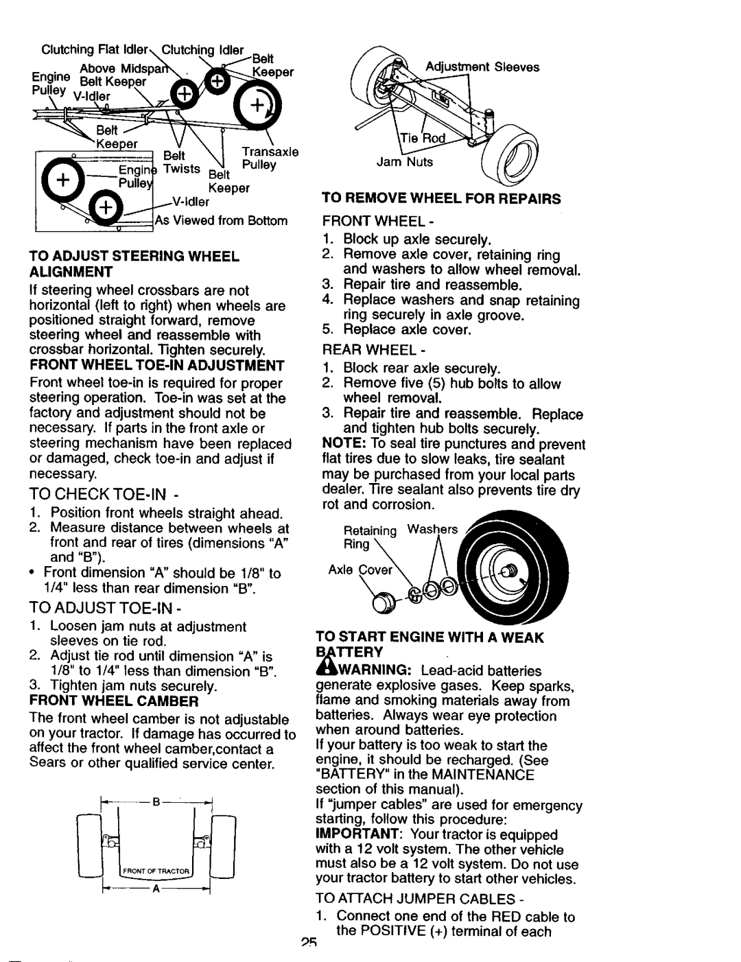 Craftsman 917.275013 To Adjust Steering Wheel Alignment, Front Wheel TOE-IN Adjustment, Front Wheel Camber, Rear Wheel 