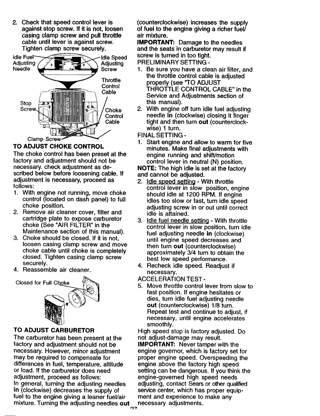 Craftsman 917.275013 To Adjust Choke Control, To Adjust Carburetor, Preliminary Setting, Final Setting, Acceleration Test 