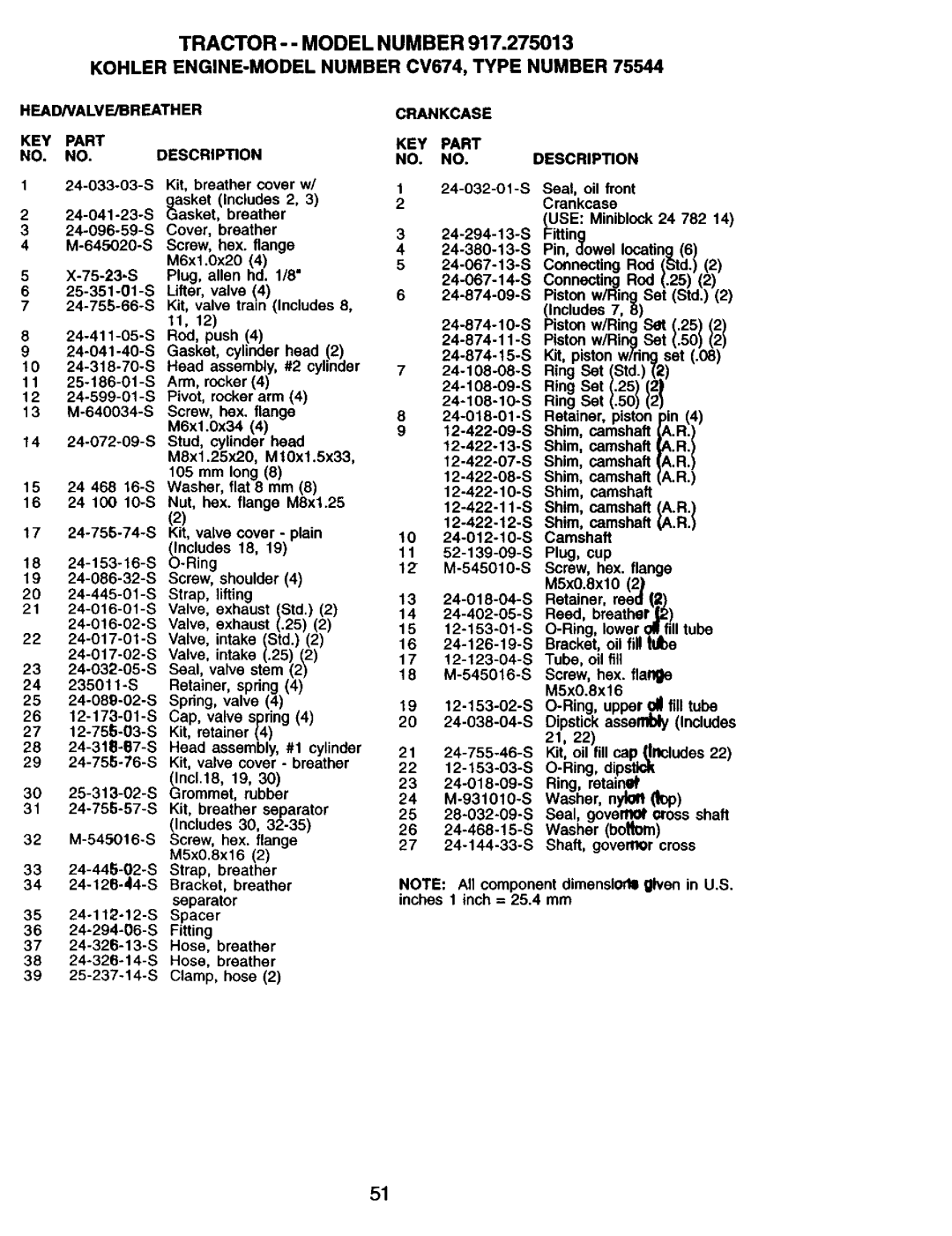 Craftsman 917.275013 owner manual HEADNALVE/BREATHER KEY Part NO. NO.DESCRIPTION, Crankcase KEY Part NO. no 