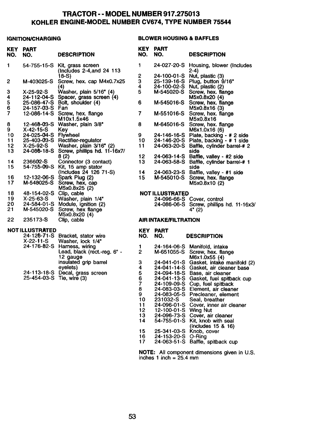 Craftsman 917.275013 owner manual IGNITION/CHARGING KEY Part Description, Blower Housing & Baffles KEY Part Description 