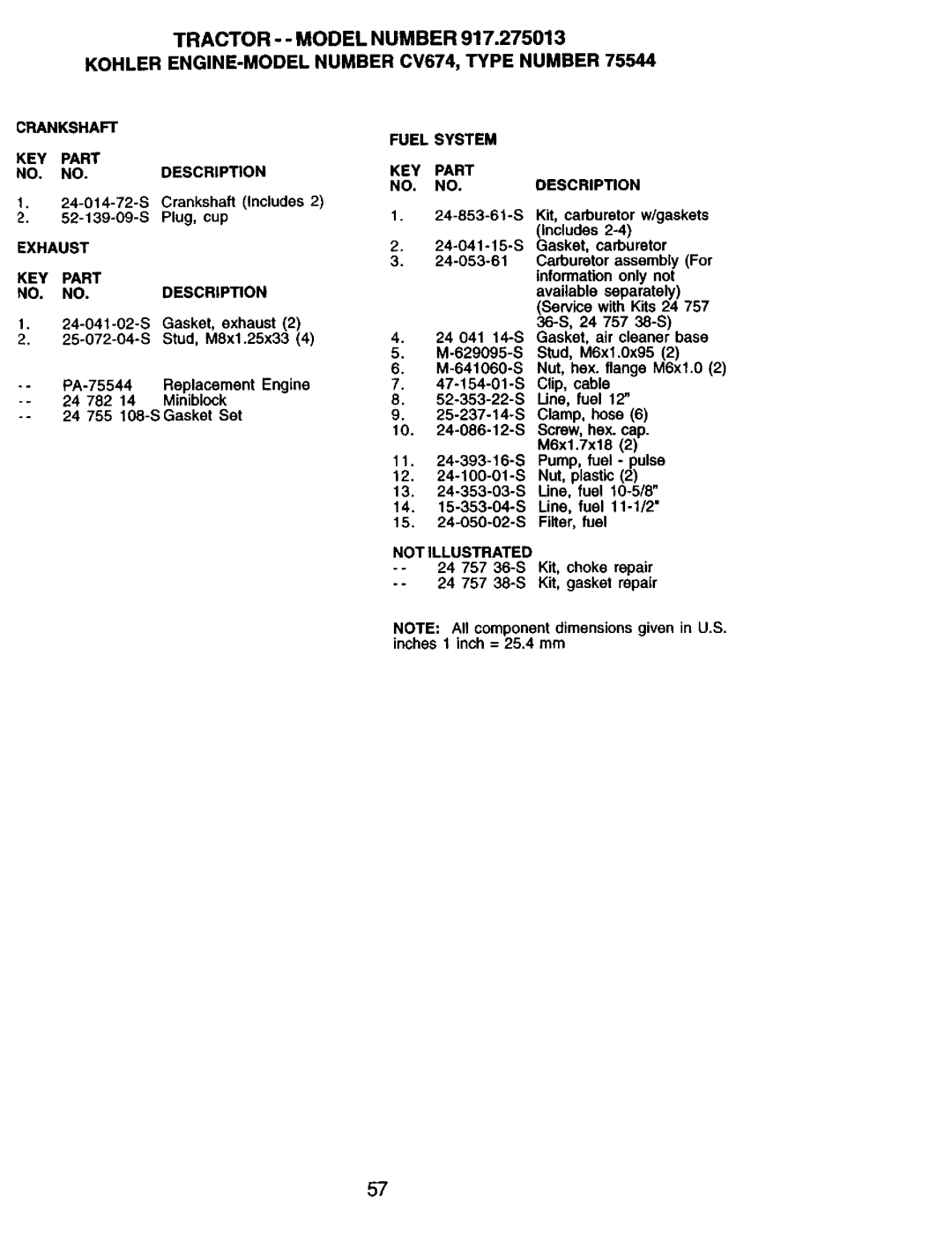 Craftsman 917.275013 owner manual Crankshaft, Fuel System NO. no Description, Exhaust KEY Part Description 