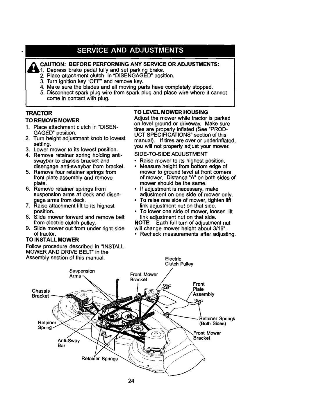 Craftsman 917.275021 manual To Remove Mower, To Install Mower, Chassis Retainer Spdng Anti-Sway Bar, To Level Mower Housing 