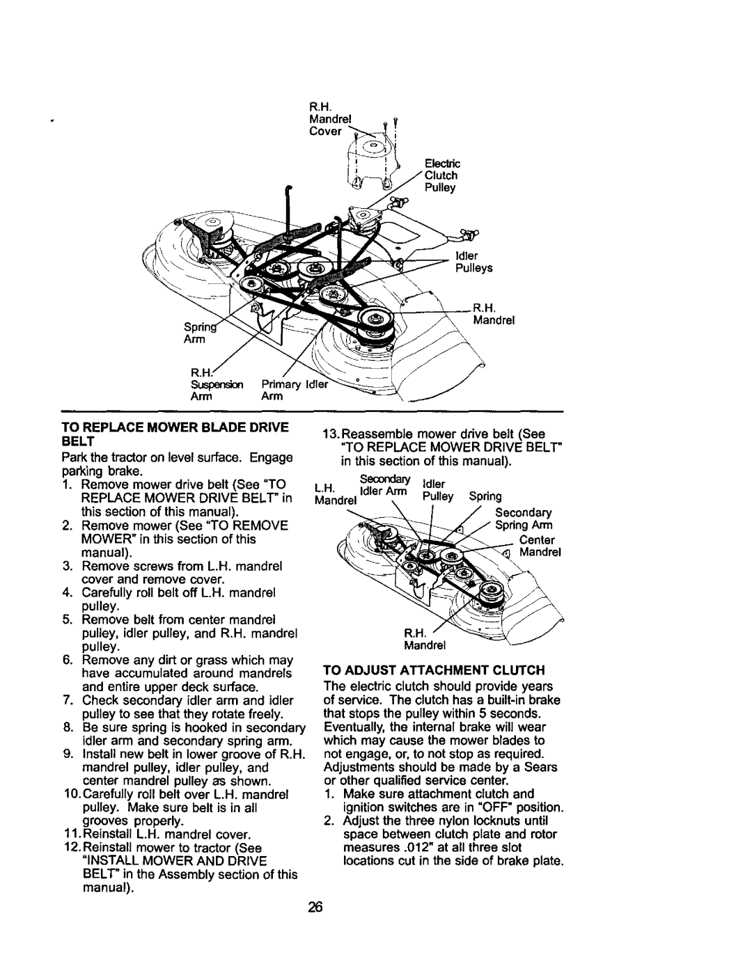 Craftsman 917.275021 manual To Replace Mower Blade Drive Belt, Install Mower and Drive, To Adjust Attachment Clutch 