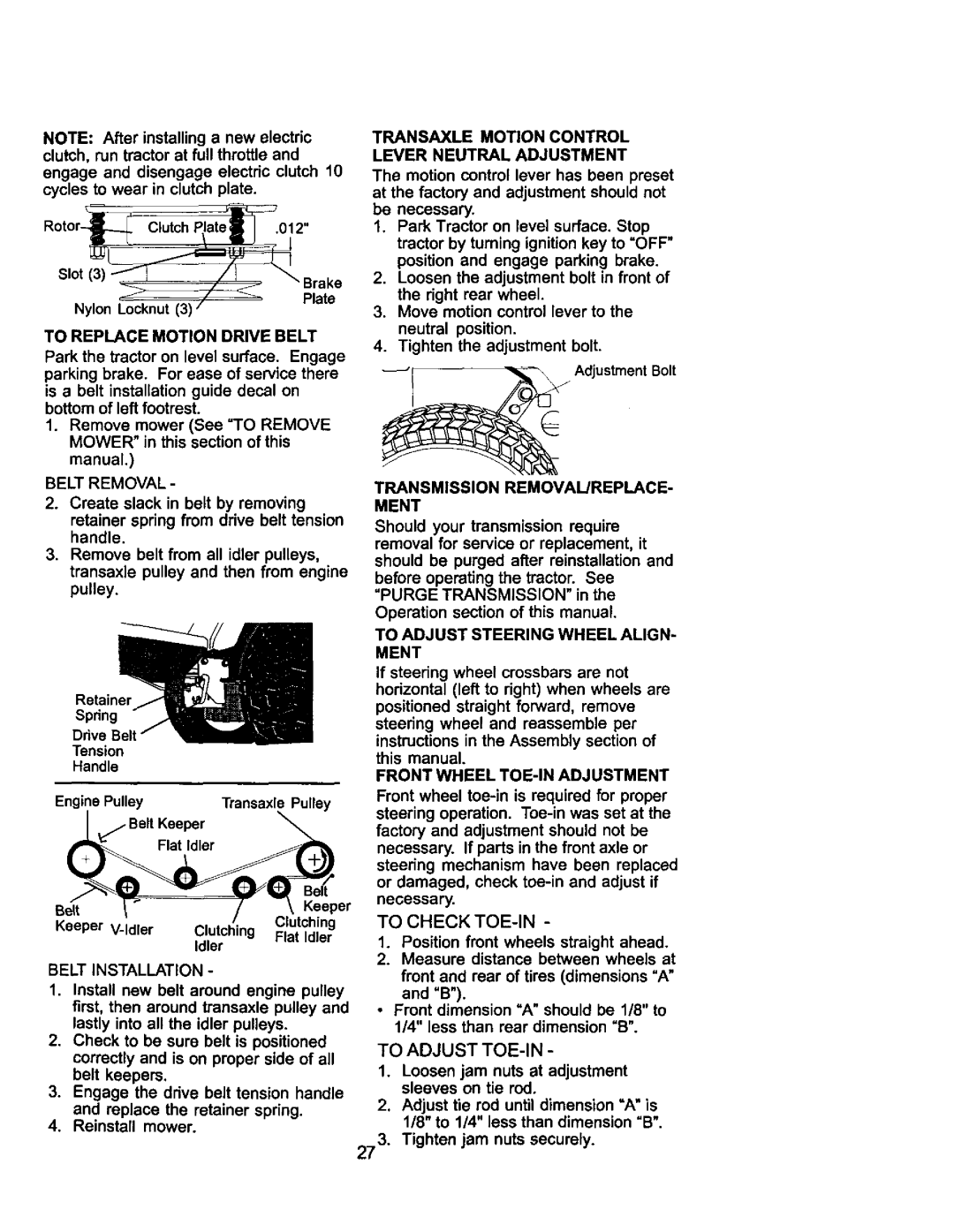 Craftsman 917.275021 To Replace Motion Drive Belt, Belt Removal, Belt Installation, Transmission REMOVAL/REPLACE- Ment 