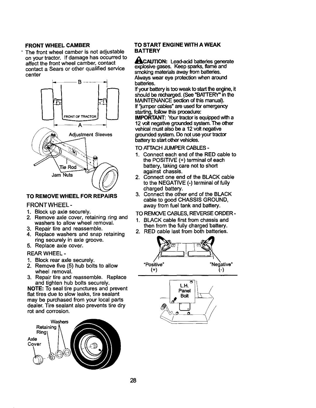 Craftsman 917.275021 To Remove Wheel for Repairs, To Start Engine with a Weak Battery, To Remove CABLES, Reverse Order 