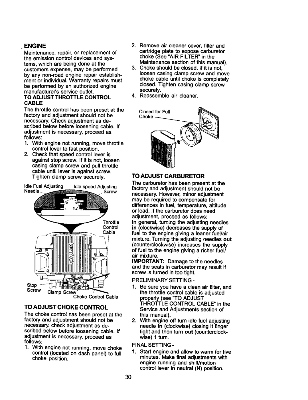 Craftsman 917.275021 To Adjust Throttle Control Cable, Screw Clamp Screw Choke Control Cable, To Adjust Choke Control 