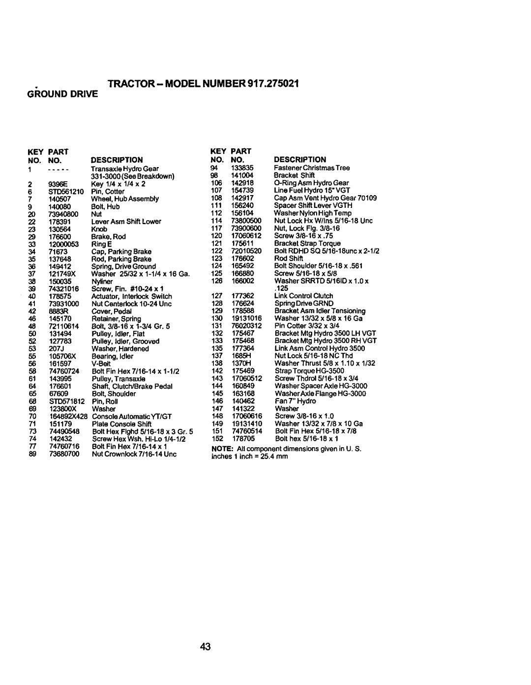 Craftsman 917.275021 manual Tractor Model Number Giround Drive, 125 