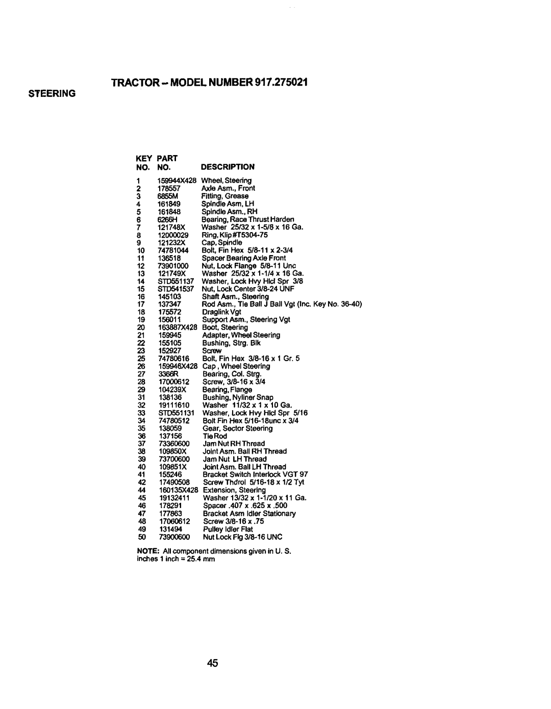 Craftsman 917.275021 manual TRACTOR- Model Number, Steering KEY Part NO. NO. Description 