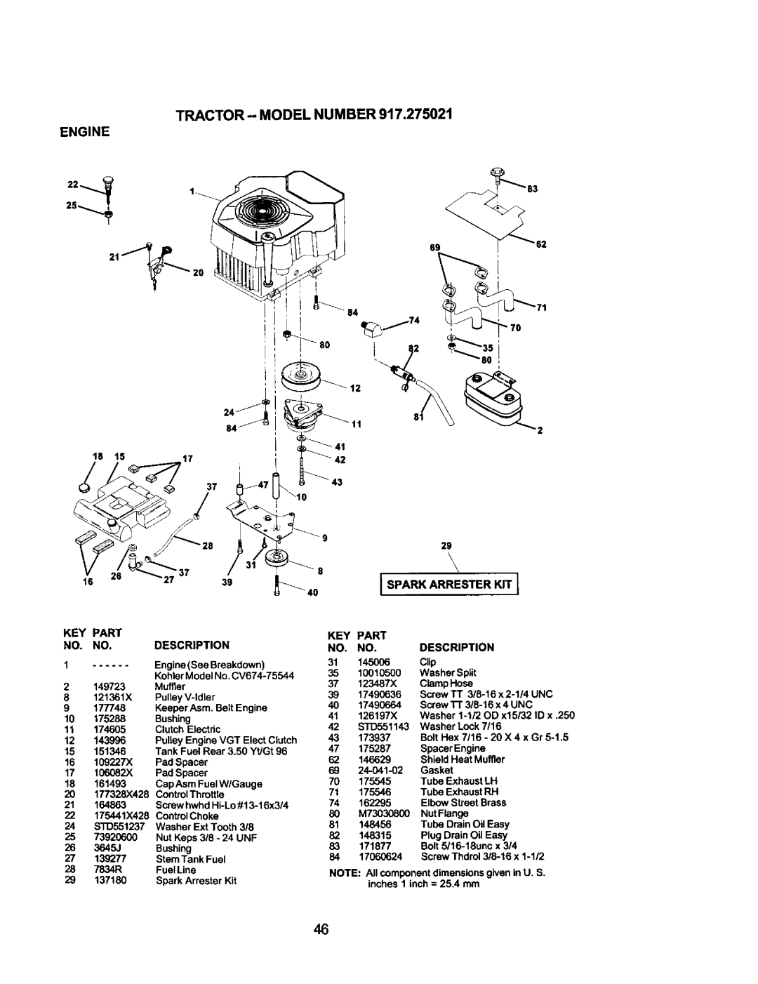 Craftsman 917.275021 manual Spark Arrester KIT KEY 