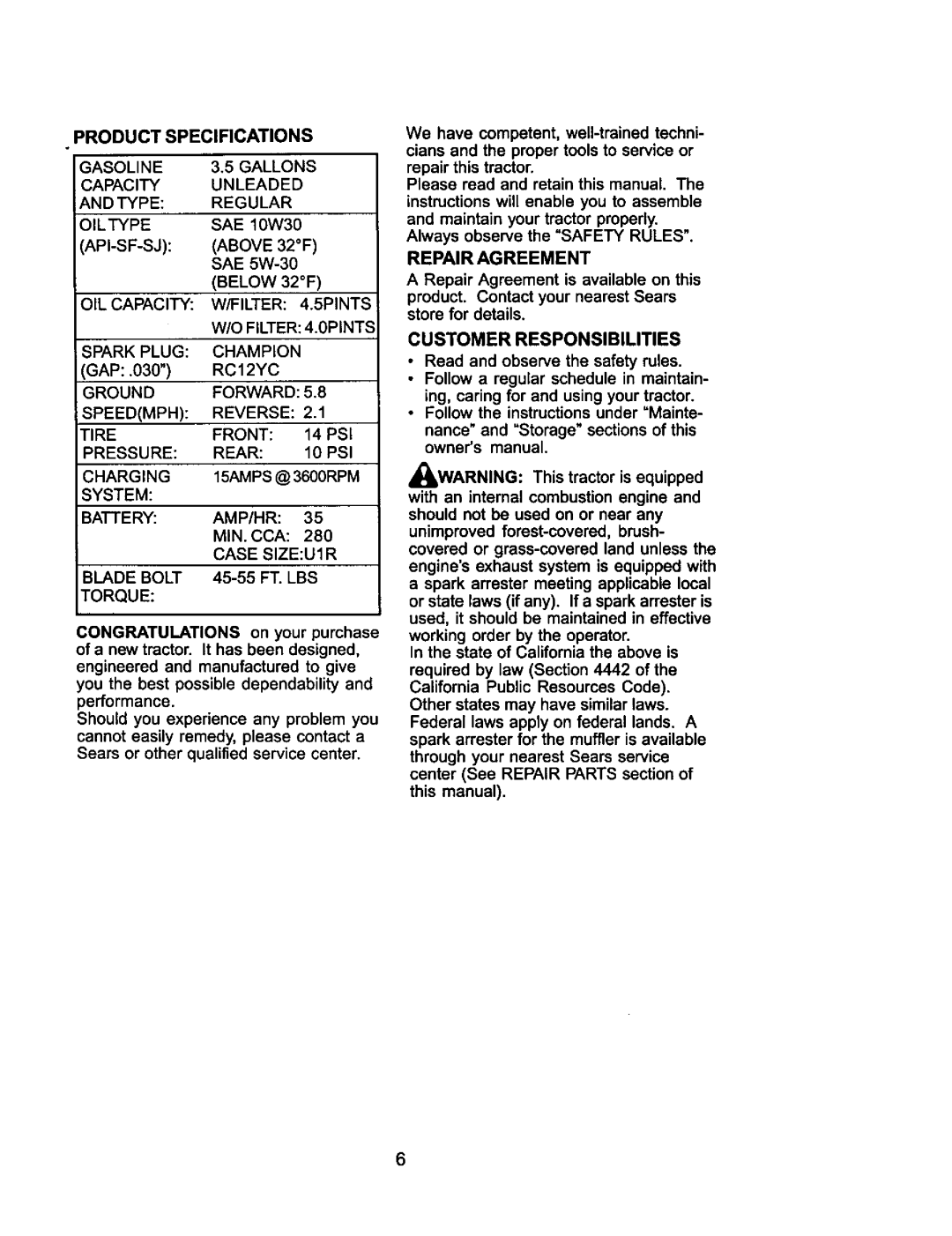 Craftsman 917.275021 Product Specifications Gasoline Gallons Capacity Unleaded, Regular Oiltype, Tire, Repair Agreement 