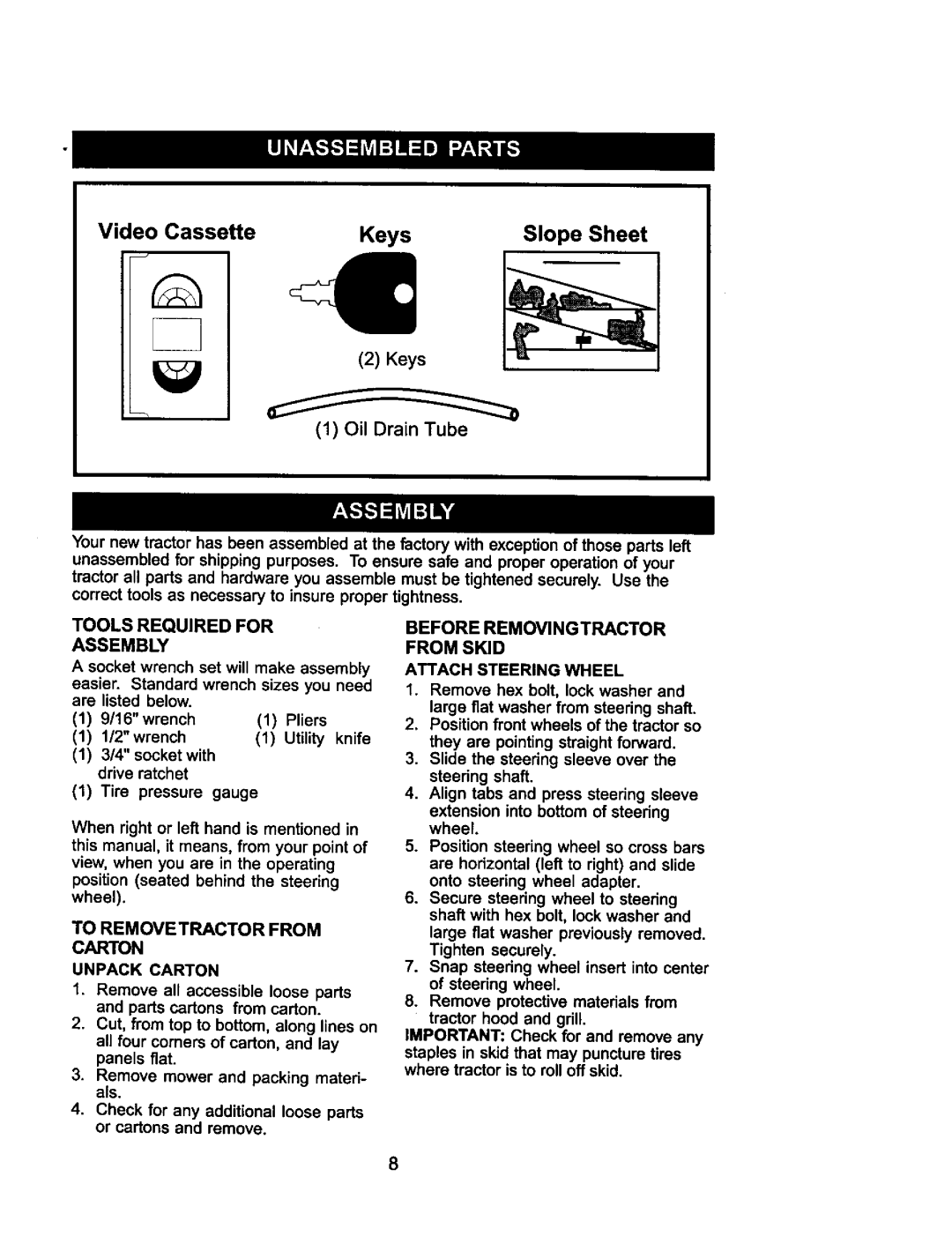 Craftsman 917.275021 manual Before Removingtractor from Skid, Tools Required for Assembly, Attach Steering Wheel 