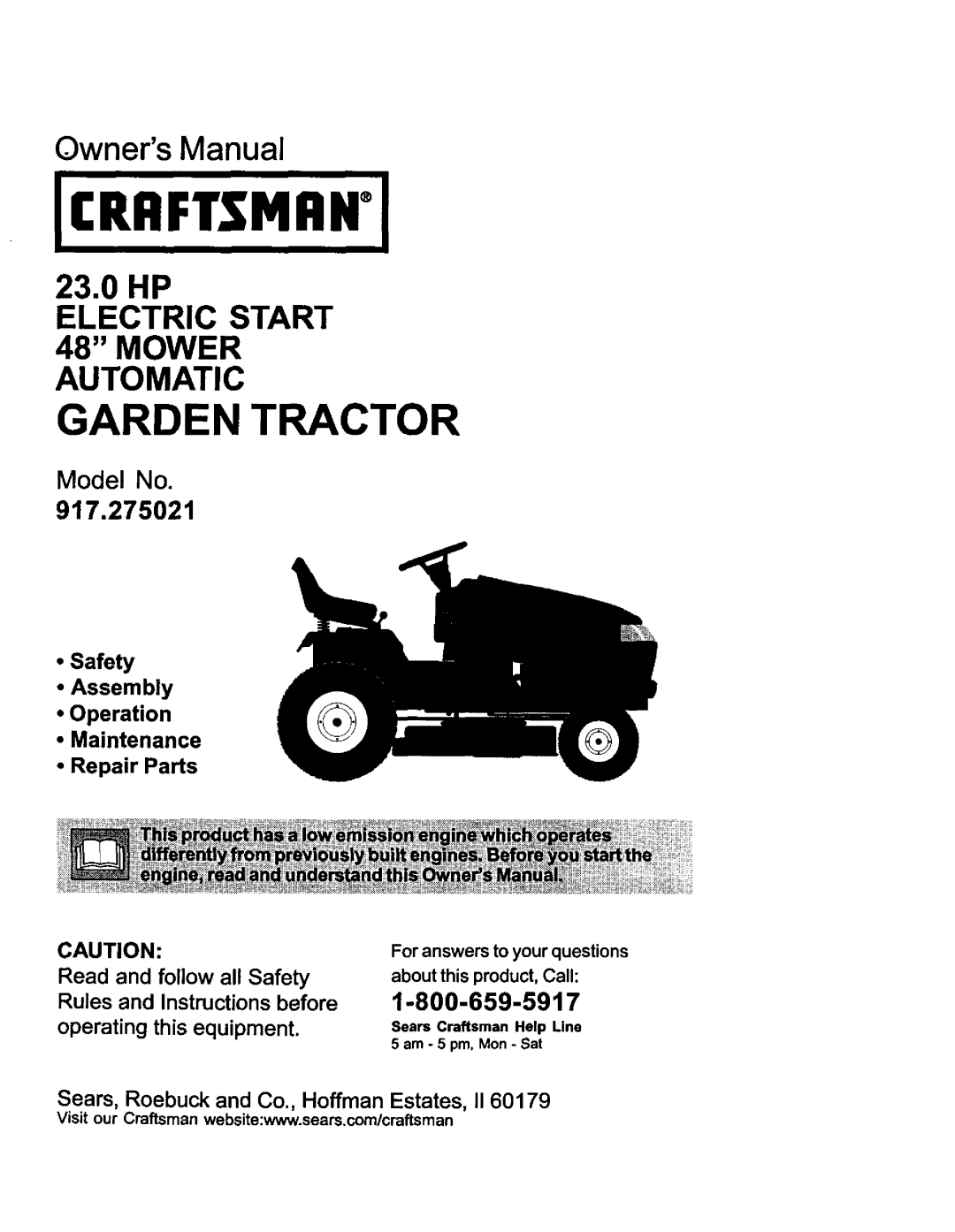 Craftsman 917.275021 manual Owners Manual, ELECTRIC START 48 MOWER, •Safety •Assembly •Operation •Maintenance, Read, Rules 