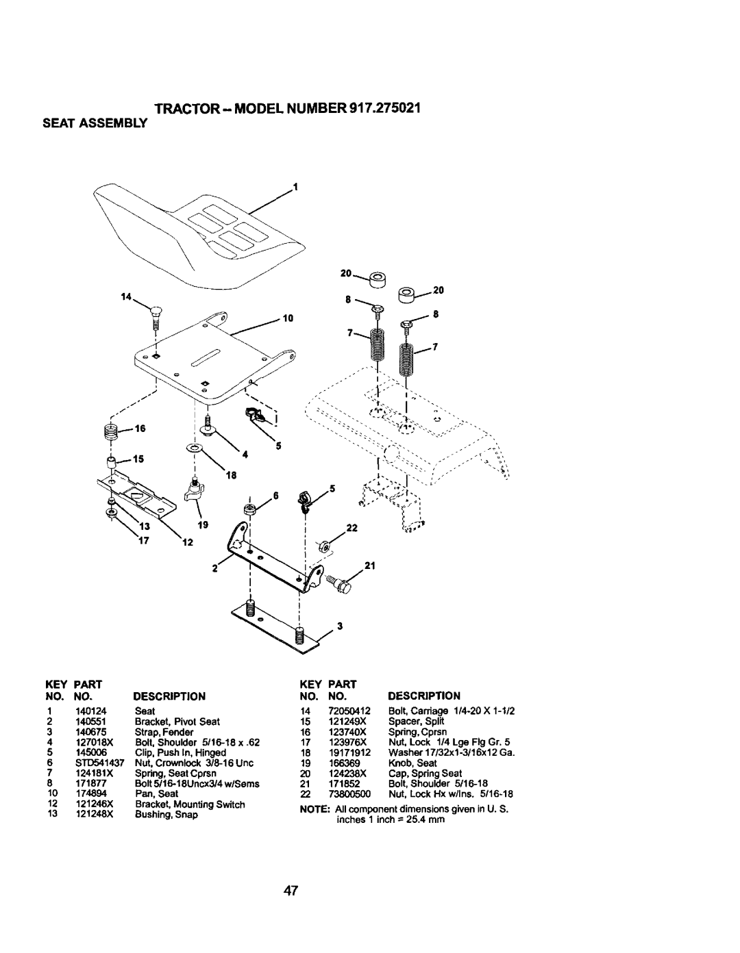 Craftsman 917.275021 manual Tractor- Model Number Seat Assembly, Key Part, NOTE: Allcomponentdimensionsgivenin U. S 