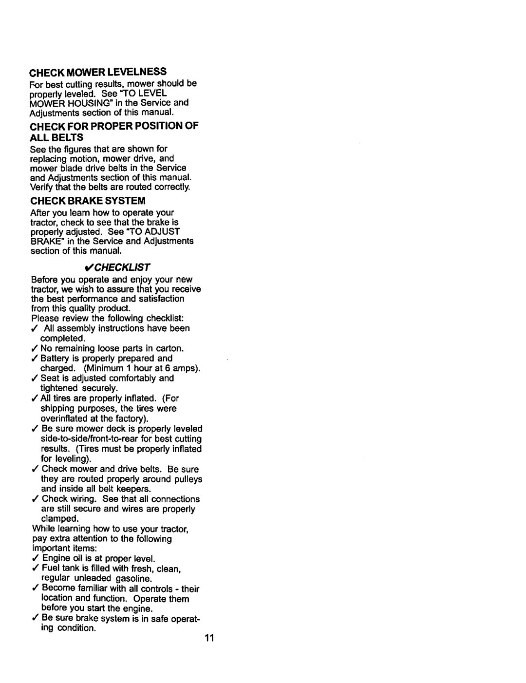 Craftsman 917.275031 Check Mower Levelness, Check for Proper Position of ALL Belts, Check Brake System, Checklist 