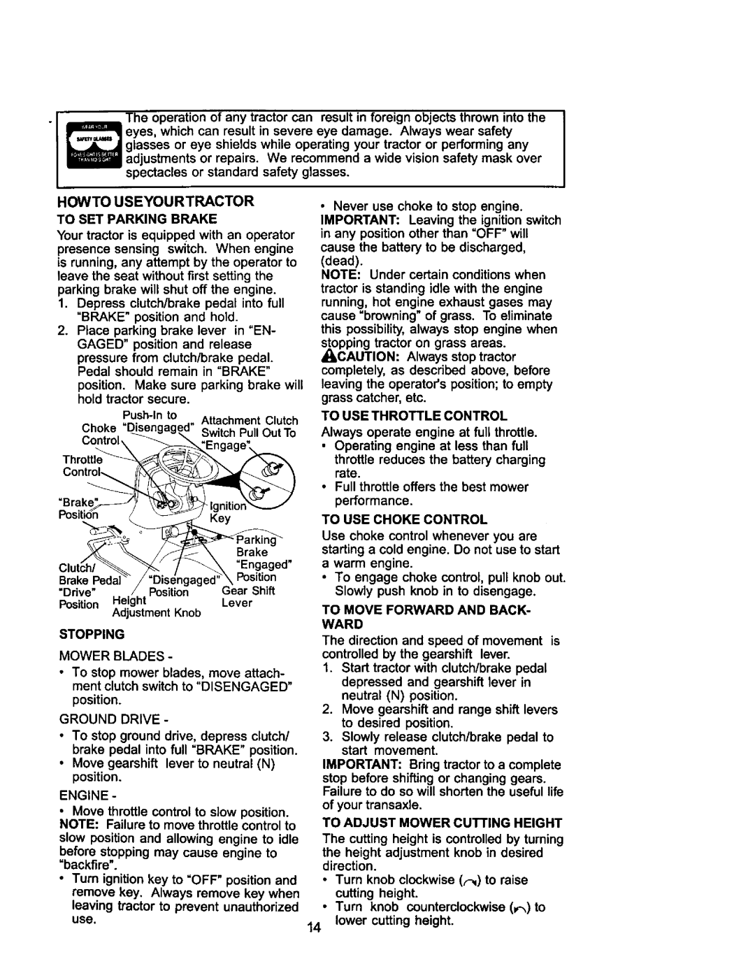 Craftsman 917.275031 Howto, Useyourtractor, To SET Parking Brake, Stopping, Ground Drive, Engine, To USE Choke Control 