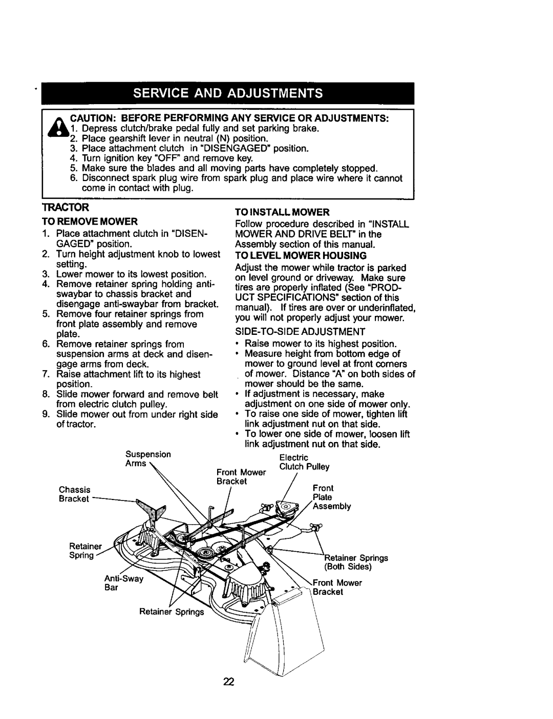 Craftsman 917.275031 owner manual To Install Mower, To Remove Mower, To Level Mower Housing, SIDE-TO-SIDE Adjustment 