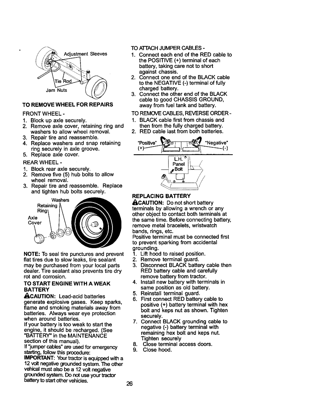 Craftsman 917.275031 owner manual To Remove Wheel for Repairs Front Wheel, Rear Wheel, To Start Engine with Aweak Battery 