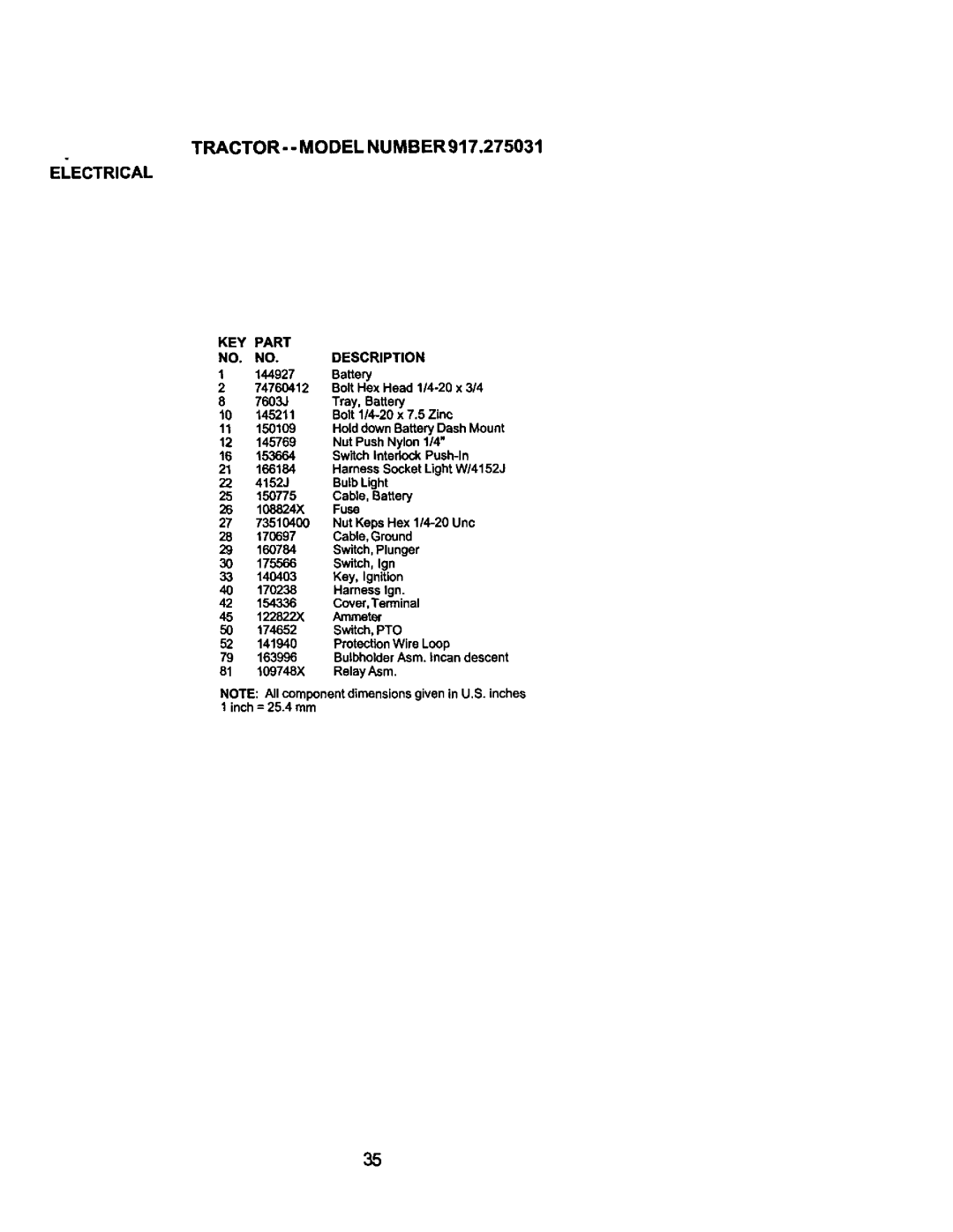 Craftsman 917.275031 owner manual TRACTOR-- Model NUMBER917,275031, Eiectrical 