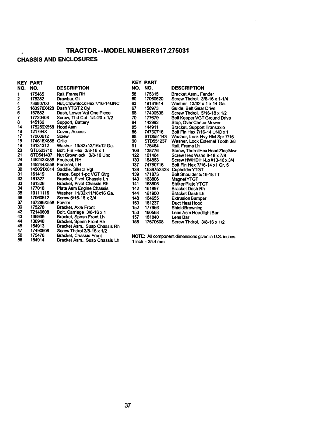 Craftsman 917.275031 owner manual TRACTOR-- Model Number Chassis and Enclosures, KEY Part NO. NO.DESCRIPTION 