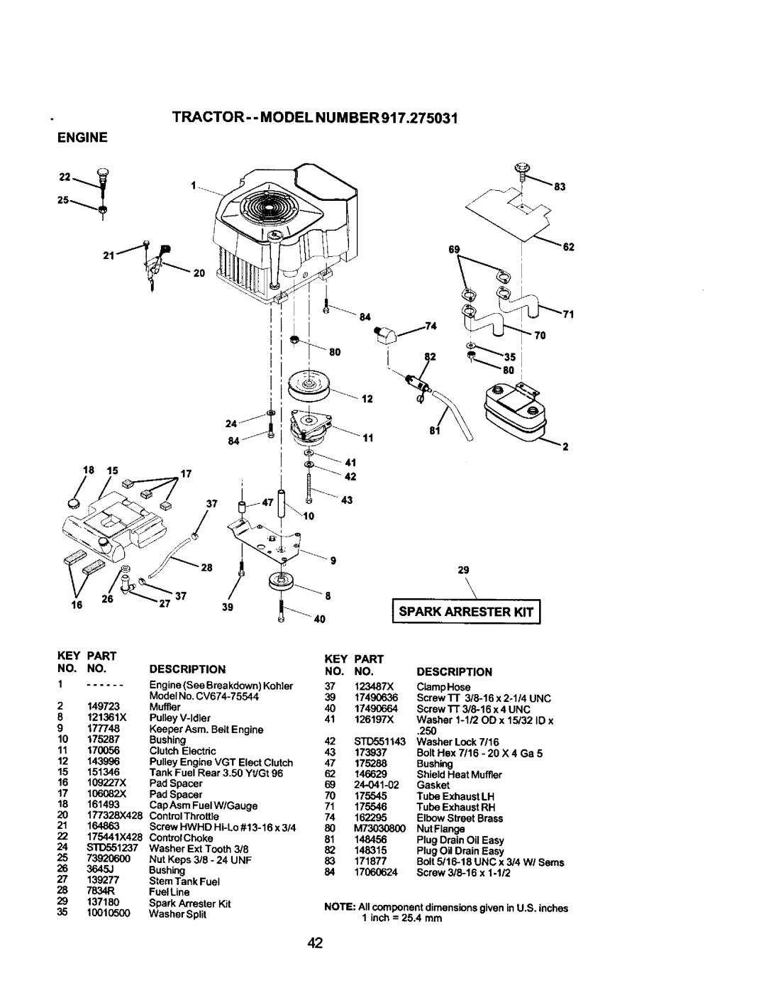 Craftsman 917.275031 owner manual TRACTOR- Model Number, Spark Arrester KIT J 