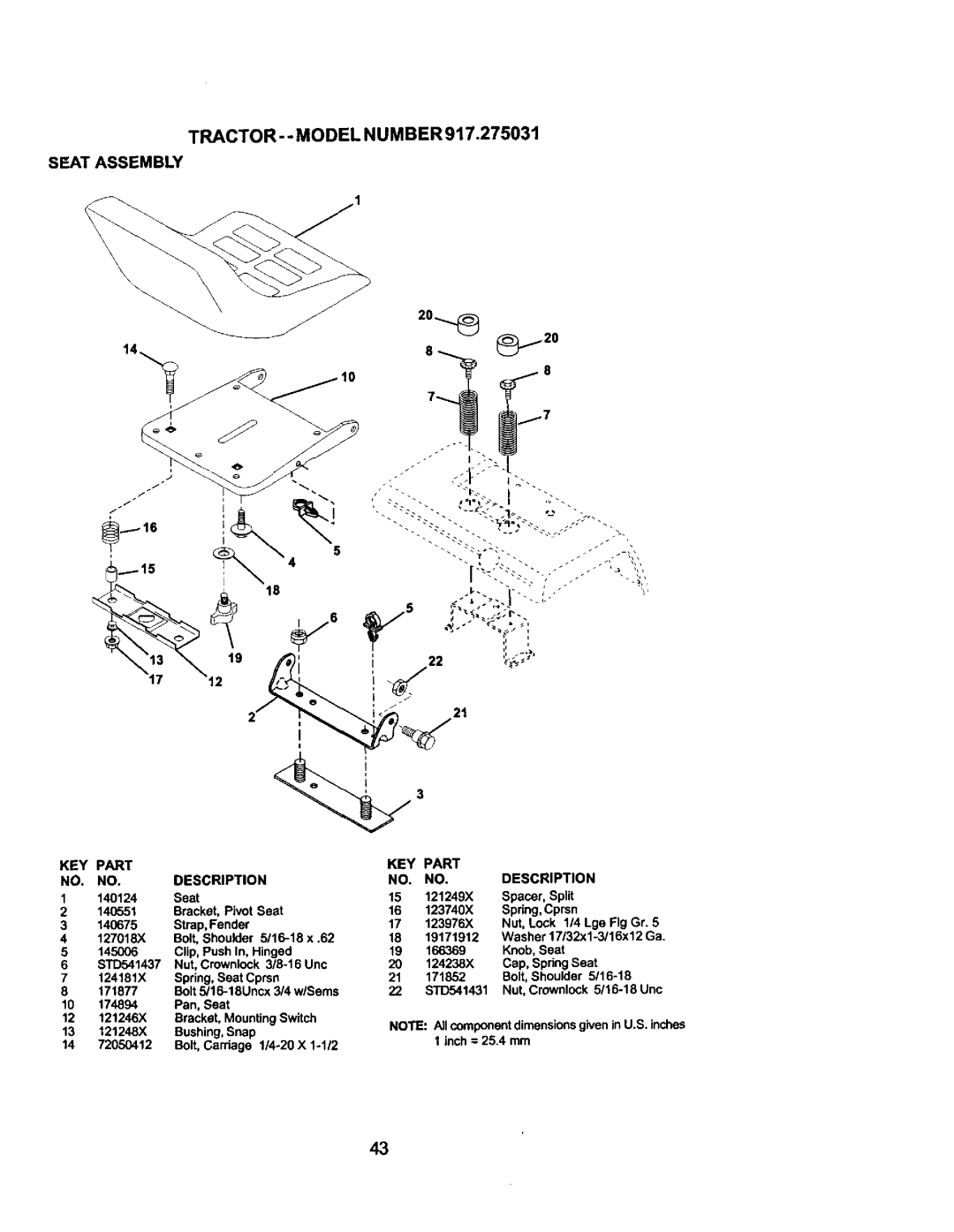 Craftsman 917.275031 owner manual TRACTOR.. Model Number, Seat Assembly 