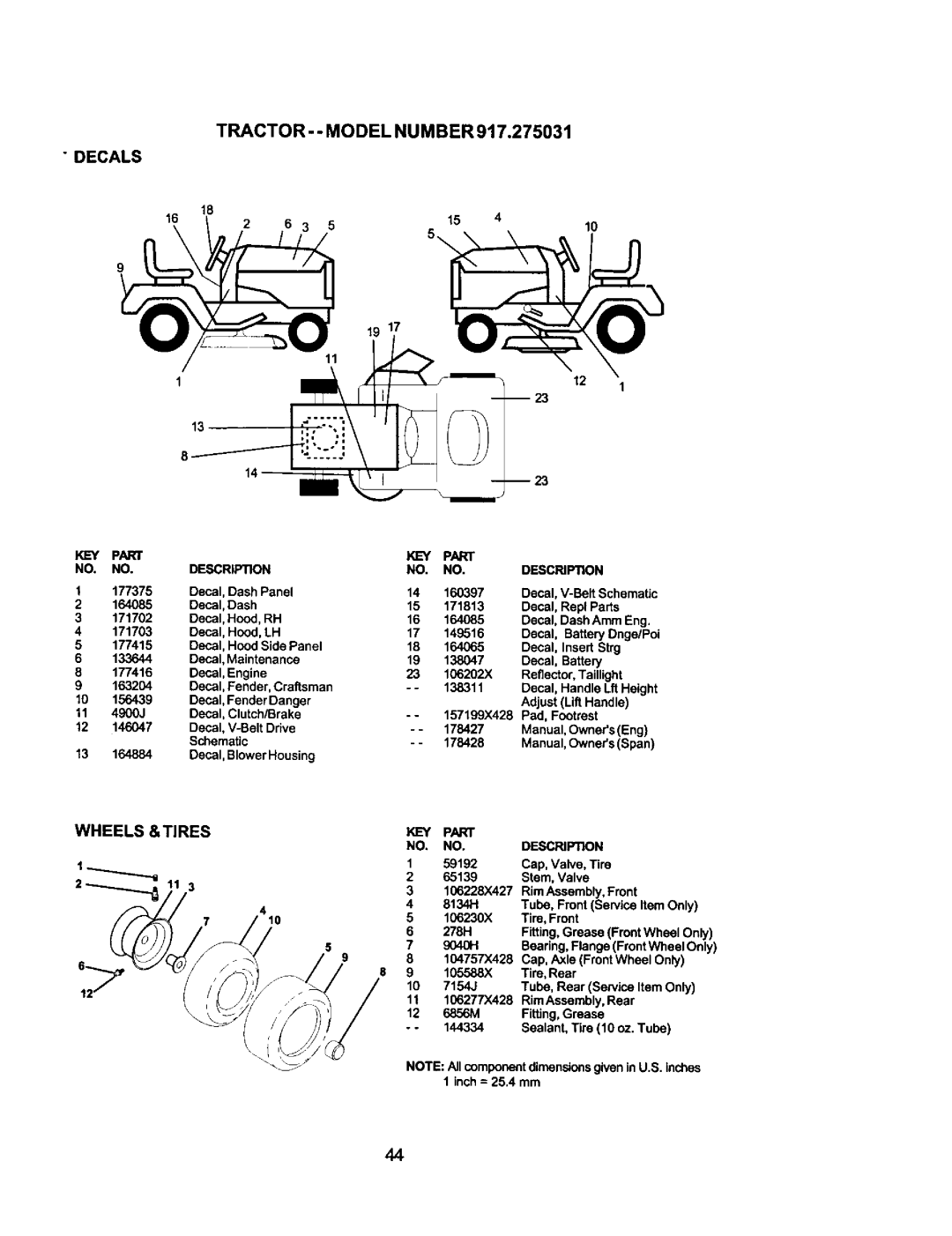 Craftsman 917.275031 owner manual Tractor - Model Number, Wheels &TIRES, Decals 