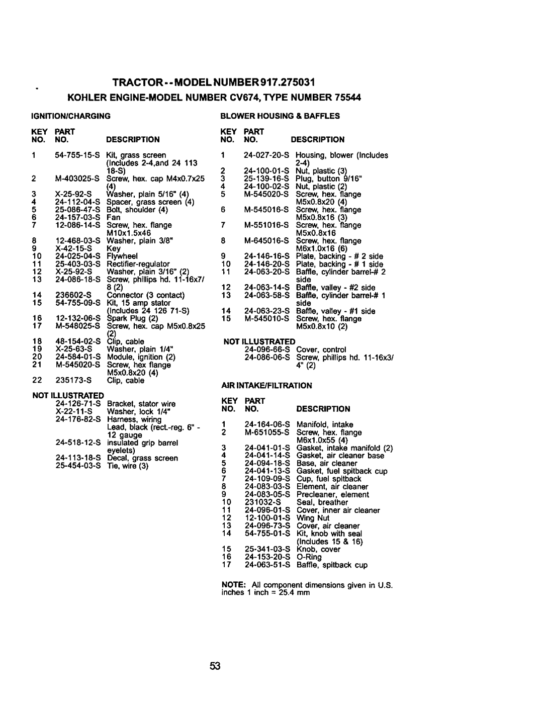 Craftsman 917.275031 owner manual KEY Part NO. NO.DESCRIPTION, Not Illustrated 