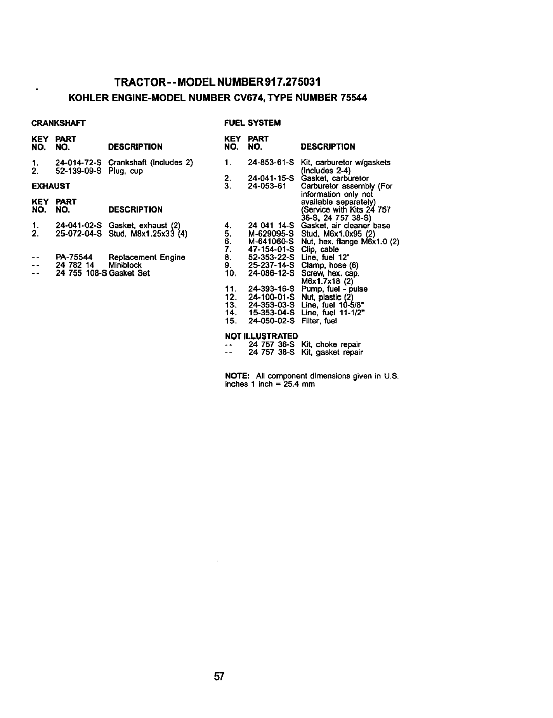 Craftsman 917.275031 owner manual Crankshaft Fuel System KEY Part Description 