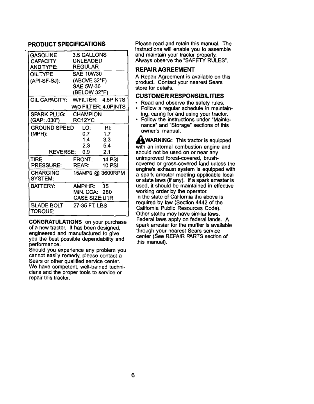 Craftsman 917.275031 owner manual Product Specifications, Capacity Unleaded, Repair Agreement is available on this 