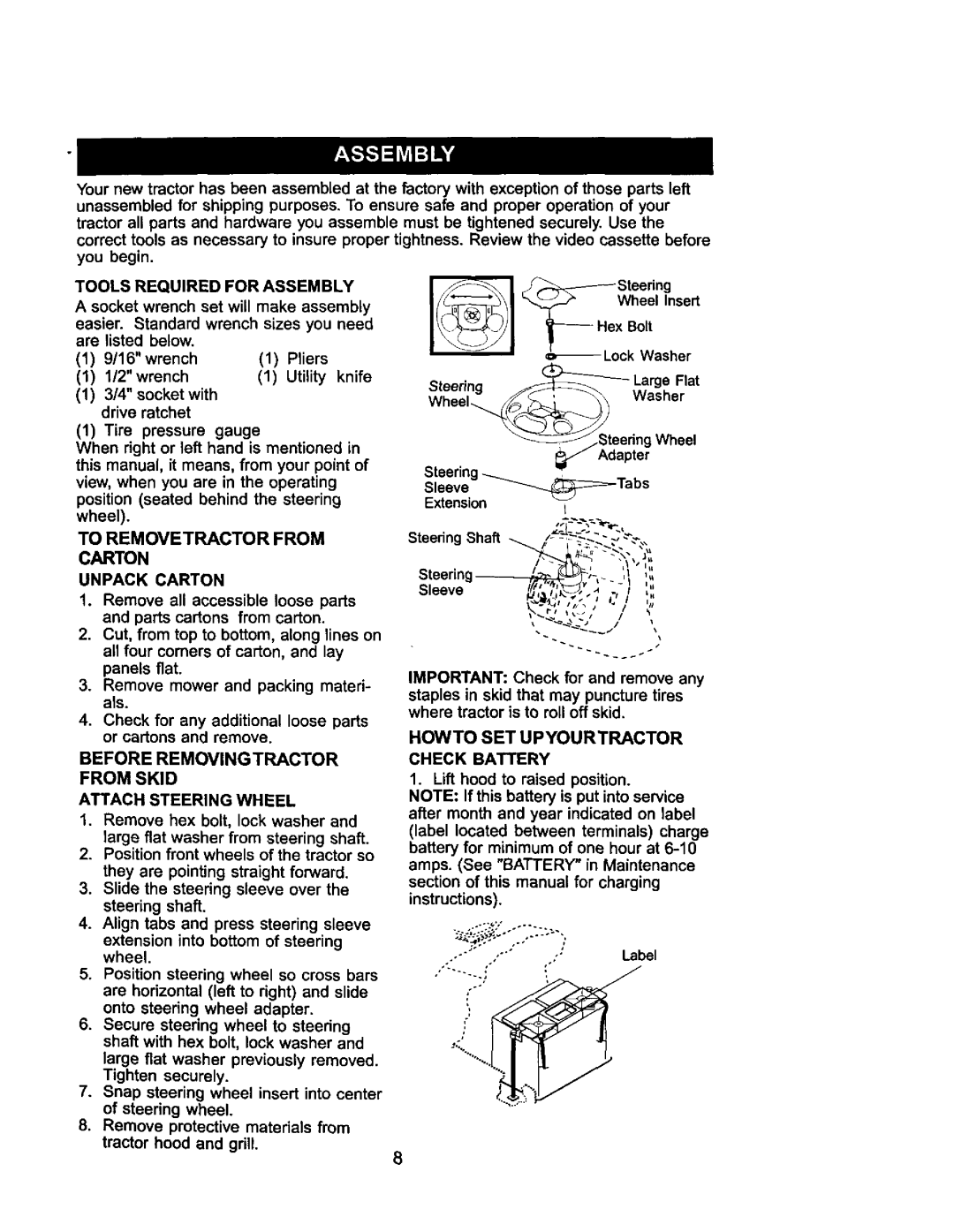 Craftsman 917.275031 owner manual Tools Required for Assembly, To Removetractor from, Unpack Carton 