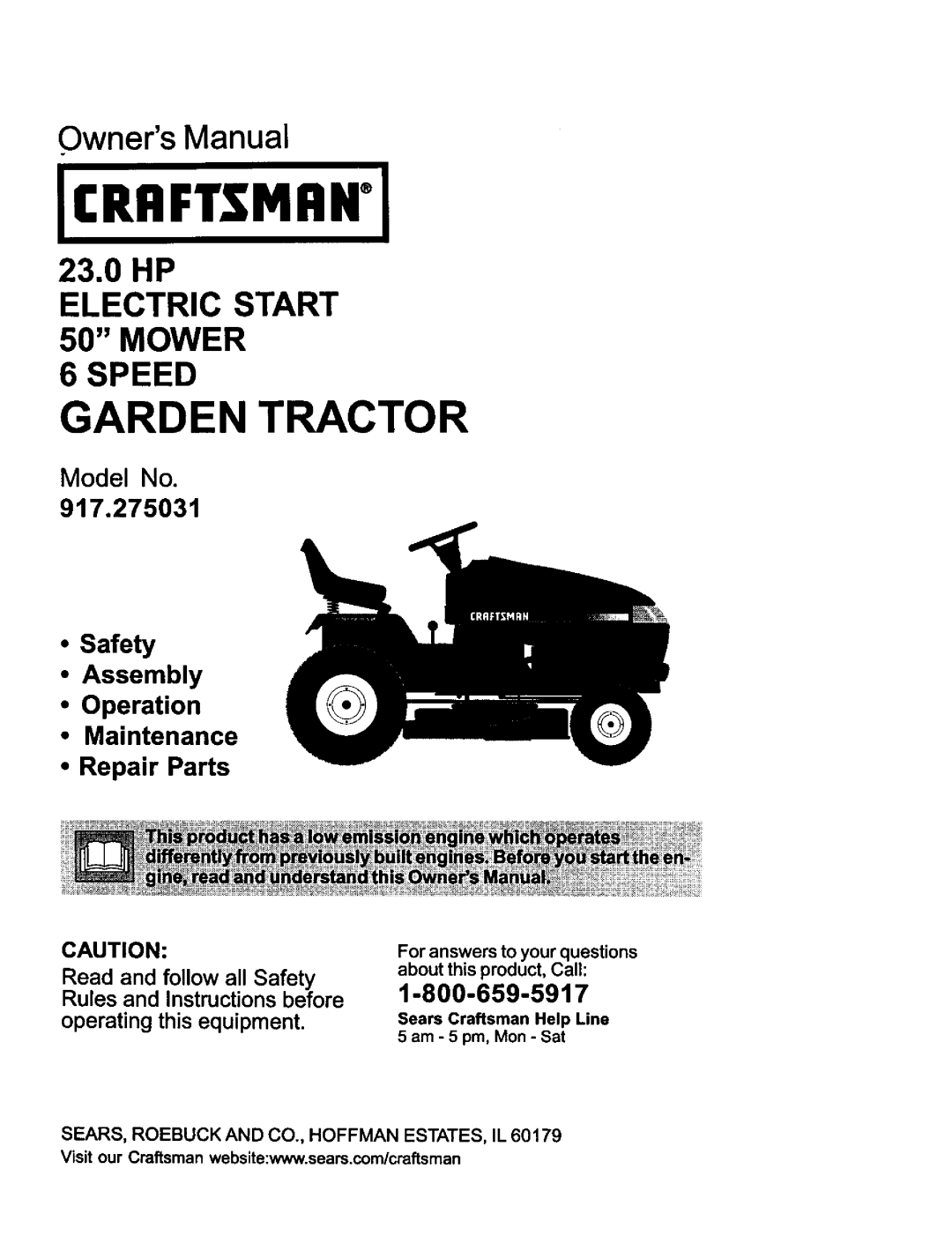 Craftsman 917.275031 owner manual operating this equipment, Sears, Roebuck And Co., Hoffman Estates, Il, Jcriiftsmi Hj 