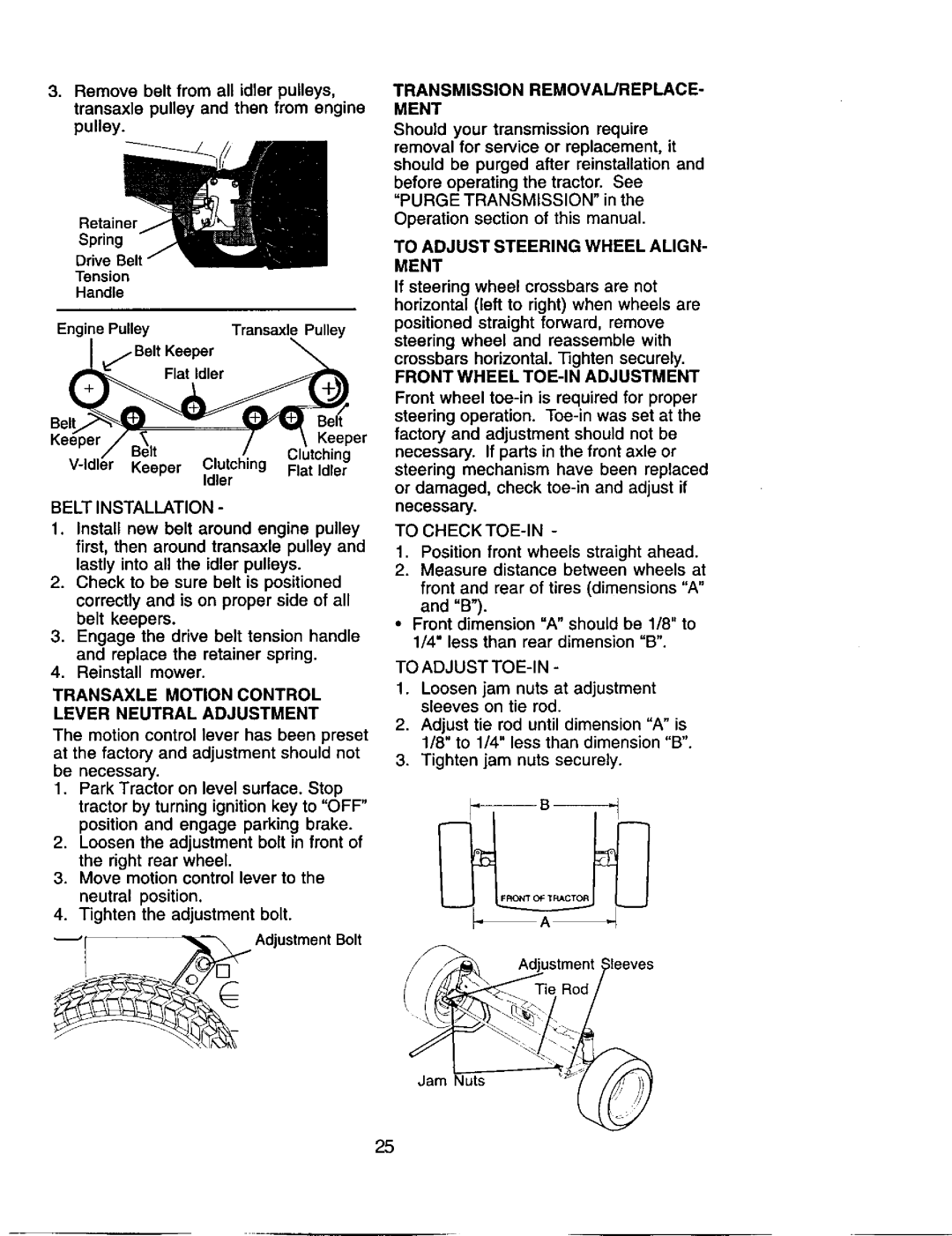 Craftsman 917.27528 Belt Installation, Transaxle Motion Control Lever Neutral Adjustment, Front Wheel TOE-IN Adjustment 