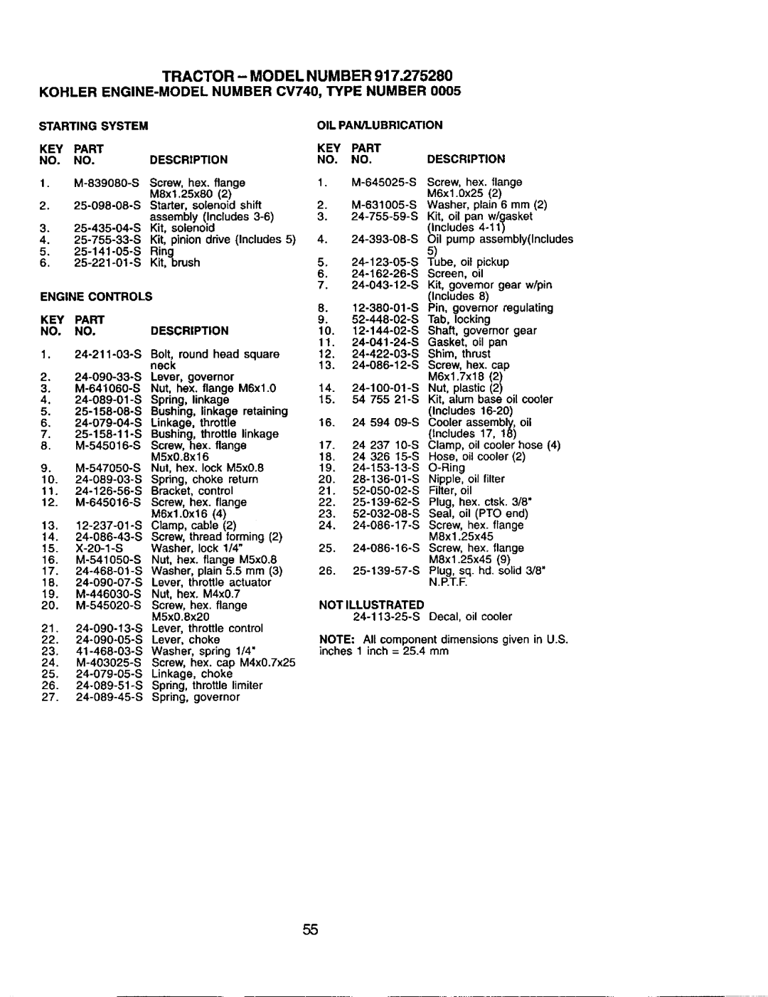 Craftsman 917.27528 owner manual KEY Part Description, 24-211-03-S, Not Illustrated, Decal, oil cooler 