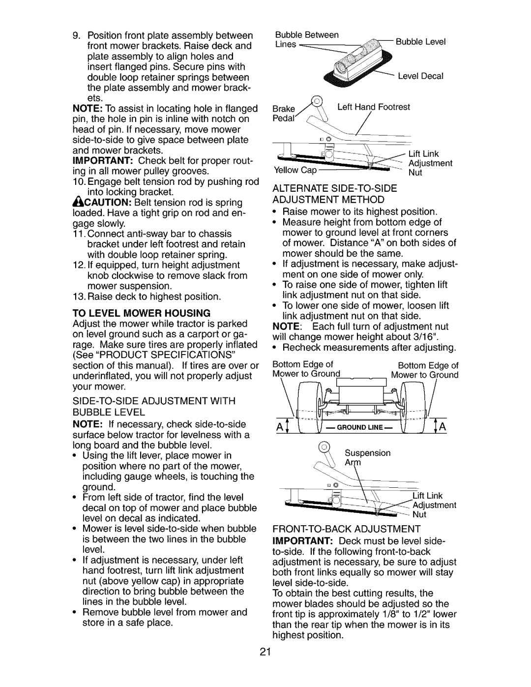 Craftsman 917.275283 owner manual To Level Mower Housing, SIDE-TO-SIDE Adjustment with Bubble Level 