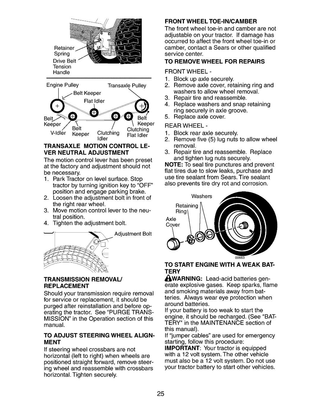 Craftsman 917.275283 owner manual Transmission Removal Replacement, Front Wheel TOE-IN/CAMBER, To Remove Wheel for Repairs 