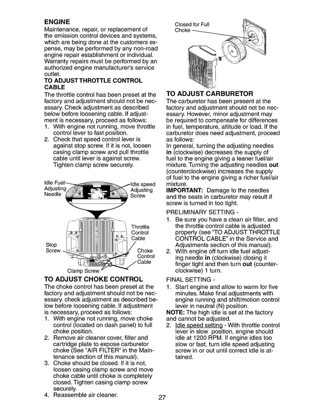 Craftsman 917.275283 To Adjust Throttle Control Cable, To Adjust Choke Control, To Adjust Carburetor, Preliminary Setting 