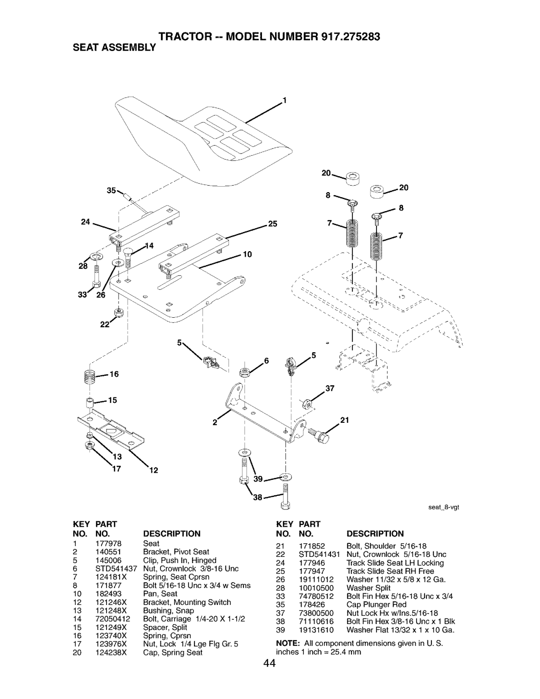 Craftsman 917.275283 owner manual Tractor -- Model Number Seat Assembly 