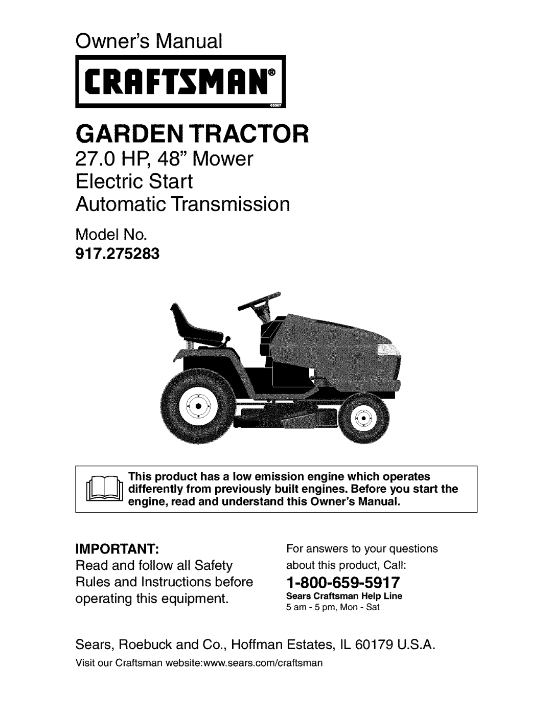 Craftsman 917.275283 owner manual 27.0HP, 48 Mower Electric Start, Read, and follow, all Safety, Rules, Sears, Roebuck 