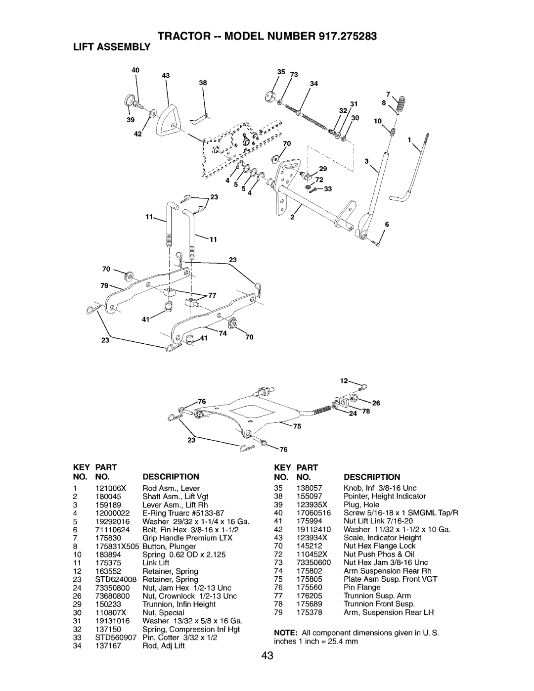 Craftsman 917.275283 owner manual Tractor --Model Number Lift Assembly, Part, Description, 23 70 70 