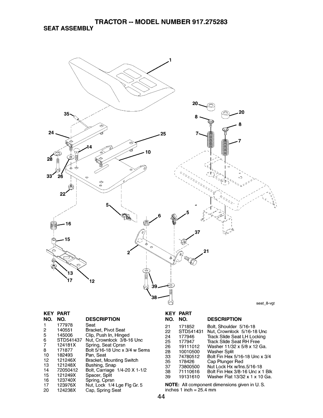 Craftsman 917.275283 owner manual Tractor --Model Number Seat Assembly, Key Part No. No.Description 