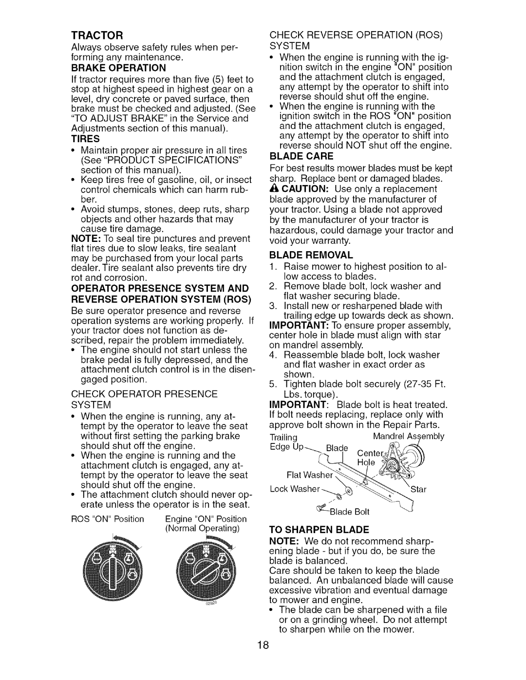 Craftsman 917.27537 Check Operator Presence System, Check Reverse Operation ROS System, Blade Care, Blade Removal 