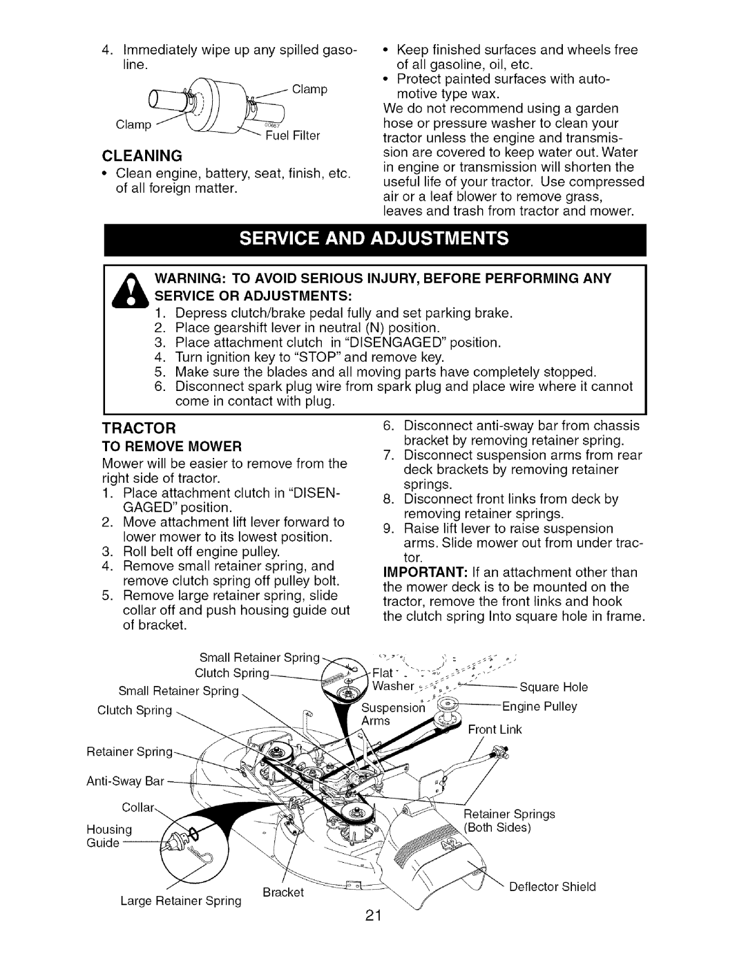 Craftsman 917.27537 owner manual Cleaning, Service or Adjustments, Tractor To Remove Mower 